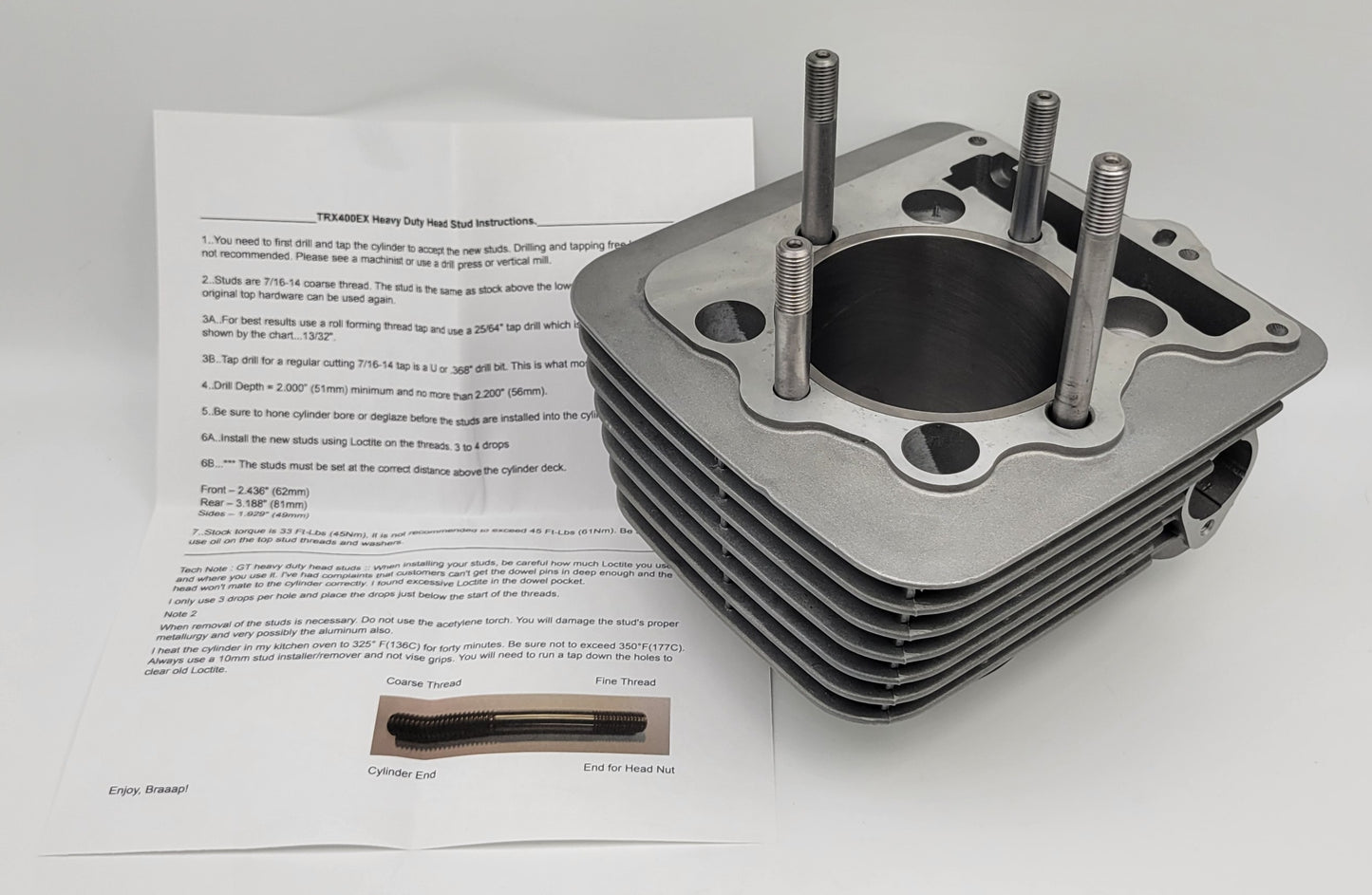 87mm BIG BORE 416cc CYLINDER BLOCK WITH GT THUNDER HEAVY DUTY HEAD STUDS INSTALLED FOR 1999-2014 HONDA TRX400EX / TRX400X