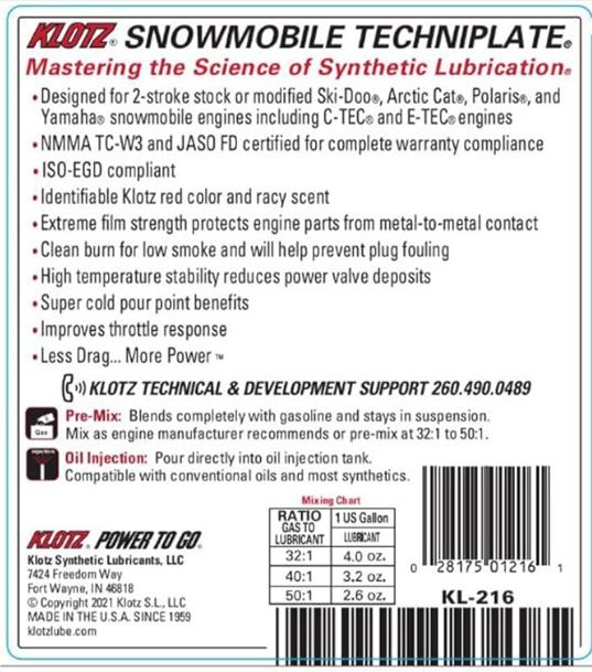 Klotz Oil KL-216 Synthetic Snowmobile Techniplate TC-W3-1gal PREMIX / INJECTOR