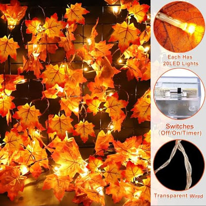 [ Timer & 3 Pack ] 30Ft Fall Garland Halloween Fall Decorations for Home 60 LED Leafed Lights Patented Realistic Maples Leafed Battery Operated Autumn Fall Halloween Decor Thanksgiving Indoor Outdoor