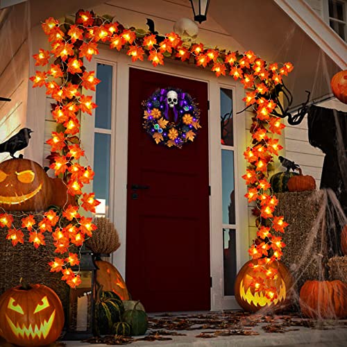 [ Timer & 3 Pack ] 30Ft Fall Garland Halloween Fall Decorations for Home 60 LED Leafed Lights Patented Realistic Maples Leafed Battery Operated Autumn Fall Halloween Decor Thanksgiving Indoor Outdoor