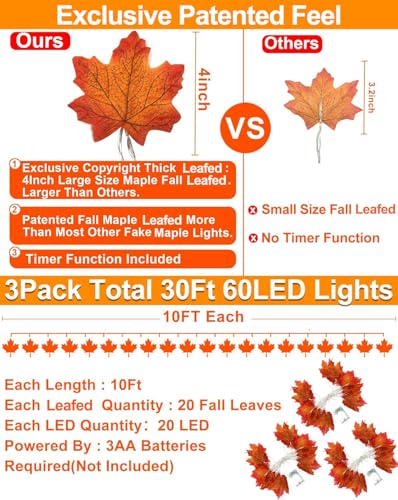 [ Timer & 3 Pack ] 30Ft Fall Garland Halloween Fall Decorations for Home 60 LED Leafed Lights Patented Realistic Maples Leafed Battery Operated Autumn Fall Halloween Decor Thanksgiving Indoor Outdoor