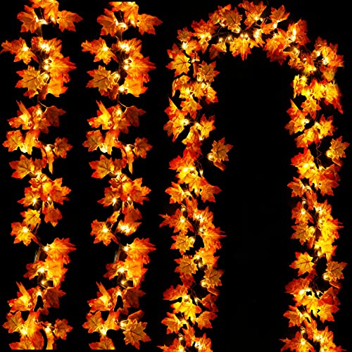 [ Timer & 3 Pack ] 30Ft Fall Garland Halloween Fall Decorations for Home 60 LED Leafed Lights Patented Realistic Maples Leafed Battery Operated Autumn Fall Halloween Decor Thanksgiving Indoor Outdoor