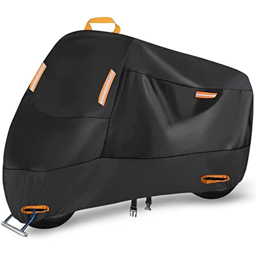 300D Heavy Duty Motorcycle Cover, Seceles All Season Durable Waterproof Outdoor Protection Scooter Cover with 4 Reflective Strips Lock-Holes Storage Bag Fits up to 91" Yamaha Honda Harley Suzuki (XL)
