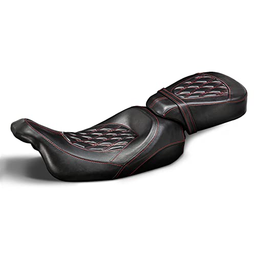 Low-Profile Seats Rider Passenger Pillion Leather Seat for Harley 2009-2022 Touring Road King Ultra CVO Limited Street Glide Road Glide models [Two Peice Driver & Passenger Seat, Red Stitching]