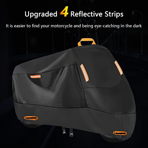 300D Heavy Duty Motorcycle Cover, Seceles All Season Durable Waterproof Outdoor Protection Scooter Cover with 4 Reflective Strips Lock-Holes Storage Bag Fits up to 91" Yamaha Honda Harley Suzuki (XL)