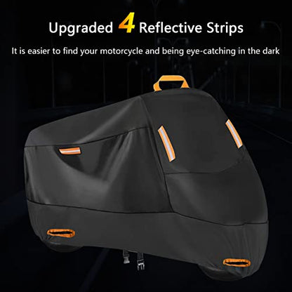 300D Heavy Duty Motorcycle Cover, Seceles All Season Durable Waterproof Outdoor Protection Scooter Cover with 4 Reflective Strips Lock-Holes Storage Bag Fits up to 91" Yamaha Honda Harley Suzuki (XL)
