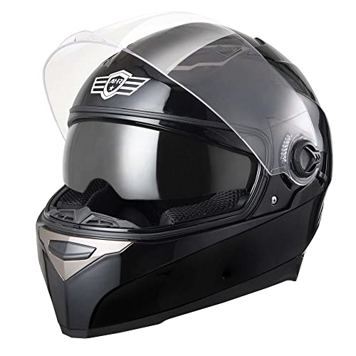 AHR Motorcycle Full Face Helmet Dual Visor Street Bike Lightweight DOT Approved Helmet Snowmobile Touring Sports for Adult RUN-F (Black, Large)