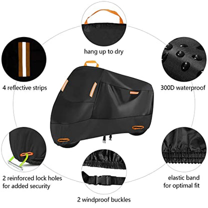 300D Heavy Duty Motorcycle Cover, Seceles All Season Durable Waterproof Outdoor Protection Scooter Cover with 4 Reflective Strips Lock-Holes Storage Bag Fits up to 91" Yamaha Honda Harley Suzuki (XL)