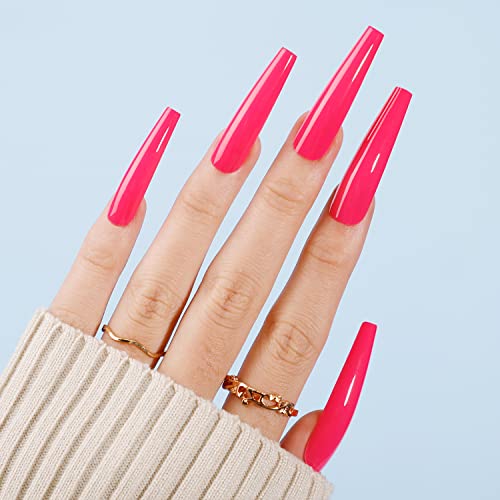 Press On Nails, BettyCora Glue On Nails Extra Long XXXL Coffin Valentine's Press on Nails Fake Nails Stick on Nails with Nail Glue Nail Adhesive Tabs Acrylic False Nail Tips Kit 12 Sizes, Hot Pink