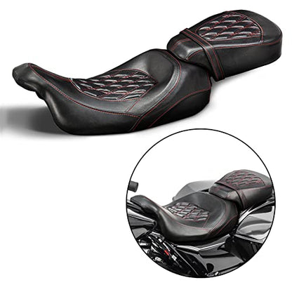 Low-Profile Seats Rider Passenger Pillion Leather Seat for Harley 2009-2022 Touring Road King Ultra CVO Limited Street Glide Road Glide models [Two Peice Driver & Passenger Seat, Red Stitching]
