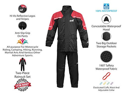 HWK Motorcycle Rain Suit For Men & Women Gear Jackets & Pants Reflective Waterproof Rainsuit (Red, X-Large)
