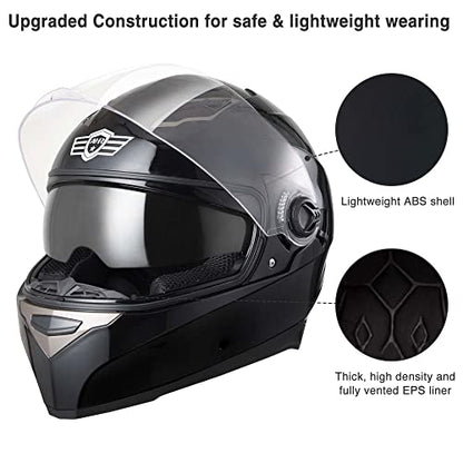 AHR Motorcycle Full Face Helmet Dual Visor Street Bike Lightweight DOT Approved Helmet Snowmobile Touring Sports for Adult RUN-F (Black, Large)