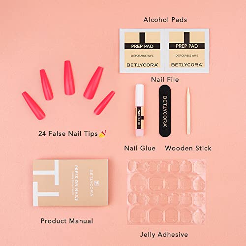 Press On Nails, BettyCora Glue On Nails Extra Long XXXL Coffin Valentine's Press on Nails Fake Nails Stick on Nails with Nail Glue Nail Adhesive Tabs Acrylic False Nail Tips Kit 12 Sizes, Hot Pink
