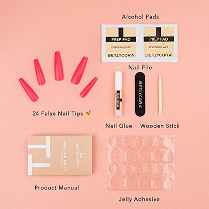 Press On Nails, BettyCora Glue On Nails Extra Long XXXL Coffin Valentine's Press on Nails Fake Nails Stick on Nails with Nail Glue Nail Adhesive Tabs Acrylic False Nail Tips Kit 12 Sizes, Hot Pink