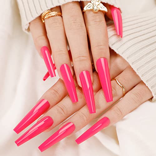 Press On Nails, BettyCora Glue On Nails Extra Long XXXL Coffin Valentine's Press on Nails Fake Nails Stick on Nails with Nail Glue Nail Adhesive Tabs Acrylic False Nail Tips Kit 12 Sizes, Hot Pink