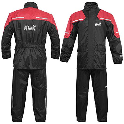 HWK Motorcycle Rain Suit For Men & Women Gear Jackets & Pants Reflective Waterproof Rainsuit (Red, X-Large)