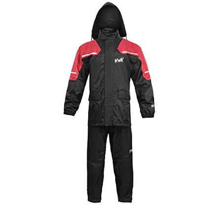 HWK Motorcycle Rain Suit For Men & Women Gear Jackets & Pants Reflective Waterproof Rainsuit (Red, X-Large)