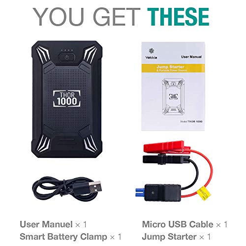 Car Battery Jump Starter Portable - 600A Peak Waterproof 12V Portable Battery Booster Pack (up to 4.0L Gas Or 2.0L Diesel Engine) Safe Auto Power Bank with USB Port, Smart Clamps & LED Flashlight
