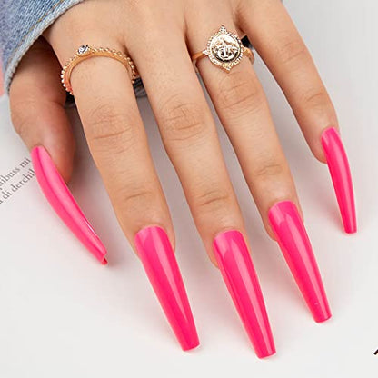 Press On Nails, BettyCora Glue On Nails Extra Long XXXL Coffin Valentine's Press on Nails Fake Nails Stick on Nails with Nail Glue Nail Adhesive Tabs Acrylic False Nail Tips Kit 12 Sizes, Hot Pink