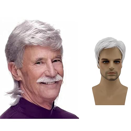 DKE and YMQ Mens Wigs, Fluffy and Realistic Short Hair Old Man Wig, Men’S Natural Daily Use Hair Suitable for Middle-Aged and Elderly People,Gray