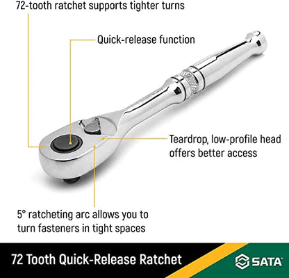 SATA 3-Piece Quick-Release Ratchet Set with Teardrop Head, Full-Polished Chrome Solid Handle, 1/4, 3/8, 1/2-Inch - ST14901U