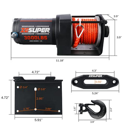 ZESUPER 3000 lb 12V DC Electric Winch for Towing ATV/UTV Off Road with Wireless Remote New Synthetic Rope Mounting Bracket