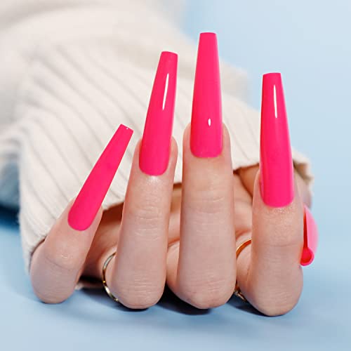 Press On Nails, BettyCora Glue On Nails Extra Long XXXL Coffin Valentine's Press on Nails Fake Nails Stick on Nails with Nail Glue Nail Adhesive Tabs Acrylic False Nail Tips Kit 12 Sizes, Hot Pink