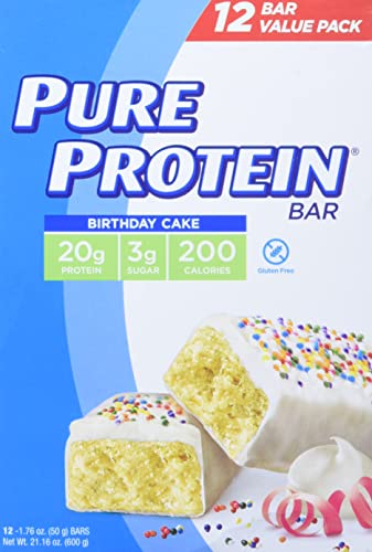 Pure Protein Bars, High Protein, Nutritious Snacks to Support Energy, Low Sugar, Gluten Free, Birthday Cake, 1.76 oz, Pack of 12