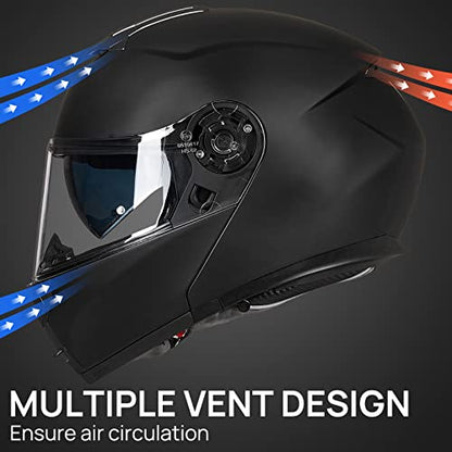 ILM Adult Motorcycle Modular Full Face Helmet Flip up Dual Visor DOT Approved Model 159(Matte Black,Large)