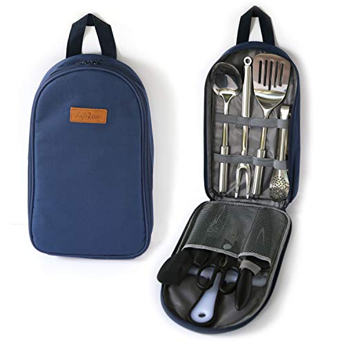 Camp Cooking Utensil Set & Outdoor Kitchen Gear-10 Piece Cookware Kit, Portable Compact Carry Case -for Camping, Hiking, RV, Travel, BBQ, Grilling-Stainless Steel Accessories- Fork, Spoon, Knife, etc