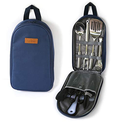 Camp Cooking Utensil Set & Outdoor Kitchen Gear-10 Piece Cookware Kit, Portable Compact Carry Case -for Camping, Hiking, RV, Travel, BBQ, Grilling-Stainless Steel Accessories- Fork, Spoon, Knife, etc