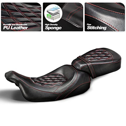 Low-Profile Seats Rider Passenger Pillion Leather Seat for Harley 2009-2022 Touring Road King Ultra CVO Limited Street Glide Road Glide models [Two Peice Driver & Passenger Seat, Red Stitching]