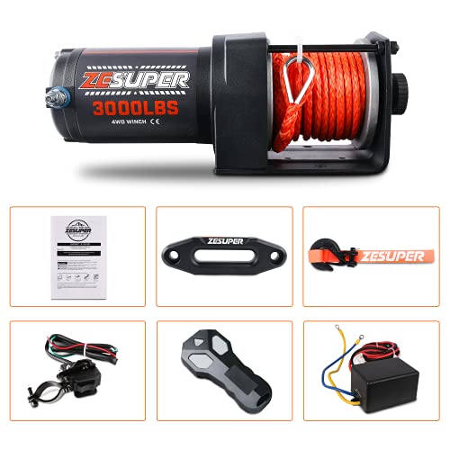 ZESUPER 3000 lb 12V DC Electric Winch for Towing ATV/UTV Off Road with Wireless Remote New Synthetic Rope Mounting Bracket