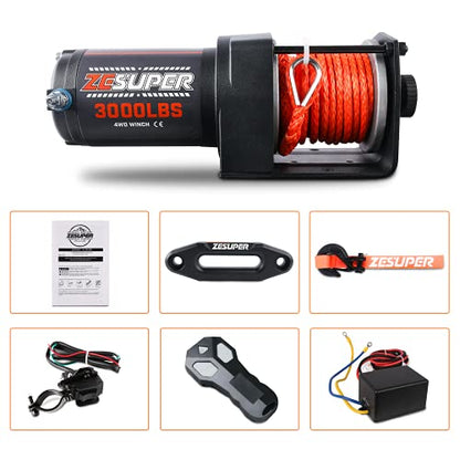 ZESUPER 3000 lb 12V DC Electric Winch for Towing ATV/UTV Off Road with Wireless Remote New Synthetic Rope Mounting Bracket
