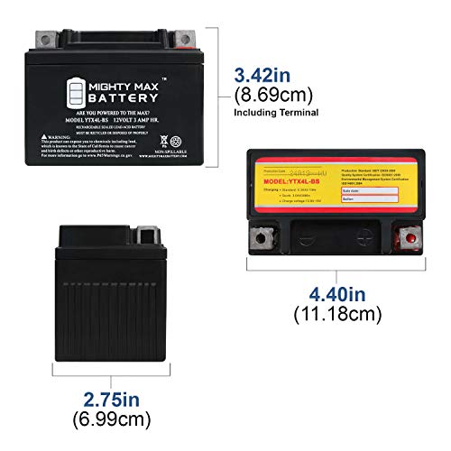 YTX4L-BS - 12 Volt 3 AH, 50 CCA, Rechargeable Maintenance Free SLA AGM Motorcycle Battery