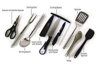 Camp Cooking Utensil Set & Outdoor Kitchen Gear-10 Piece Cookware Kit, Portable Compact Carry Case -for Camping, Hiking, RV, Travel, BBQ, Grilling-Stainless Steel Accessories- Fork, Spoon, Knife, etc
