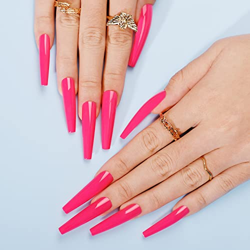 Press On Nails, BettyCora Glue On Nails Extra Long XXXL Coffin Valentine's Press on Nails Fake Nails Stick on Nails with Nail Glue Nail Adhesive Tabs Acrylic False Nail Tips Kit 12 Sizes, Hot Pink
