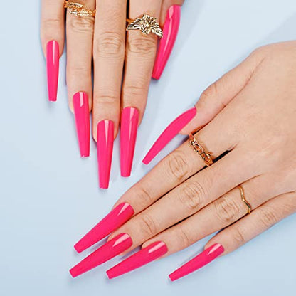 Press On Nails, BettyCora Glue On Nails Extra Long XXXL Coffin Valentine's Press on Nails Fake Nails Stick on Nails with Nail Glue Nail Adhesive Tabs Acrylic False Nail Tips Kit 12 Sizes, Hot Pink