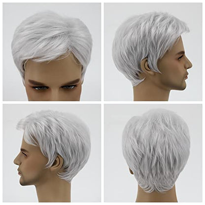DKE and YMQ Mens Wigs, Fluffy and Realistic Short Hair Old Man Wig, Men’S Natural Daily Use Hair Suitable for Middle-Aged and Elderly People,Gray