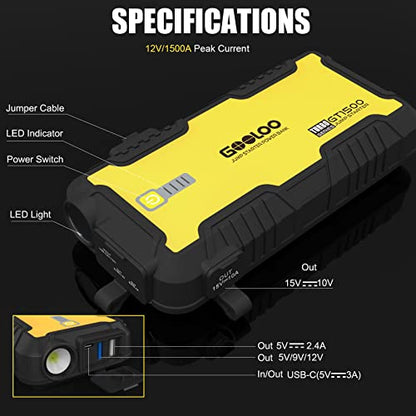 GOOLOO Car Jump Starter, 1500A 12-Volt Supersafe Lithium Battery Booster for Up to 8.0L Gas & 6.0L Diesel Engines, Portable Water-Resistant Car Battery Charger Jump Box with USB Quick Charge, Yellow