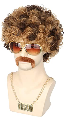 Topcosplay 3 Pieces Set Men Wigs Necklace Moustache Short Curly Halloween Wigs Blonde Mixed Brown
