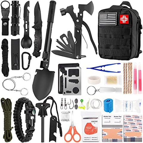 Survival First Aid Kit 142 in 1, Professional Survival Gear and Equipment with Molle Pouch, Gift for Men Dad Him Camping Hunting Fishing Outdoor Adventure (Black)