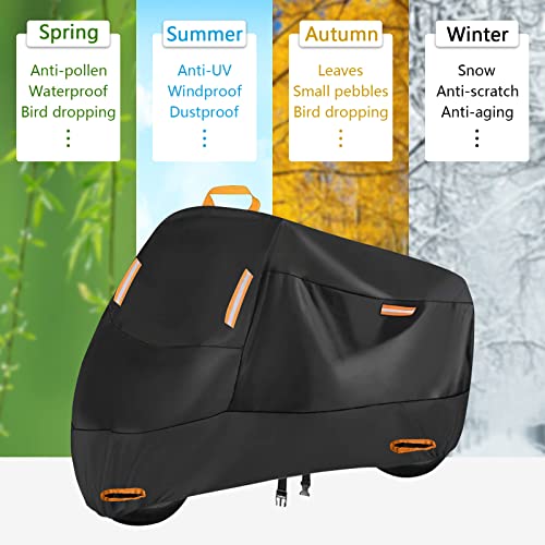 300D Heavy Duty Motorcycle Cover, Seceles All Season Durable Waterproof Outdoor Protection Scooter Cover with 4 Reflective Strips Lock-Holes Storage Bag Fits up to 91" Yamaha Honda Harley Suzuki (XL)