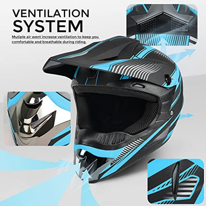 Motocross Helmet,Adult &Youth Trend Full Face Helmet,ATV Motorcycle Helmet,Dirt Bike Downhill Off-Road Mountain Bike Helmet,DOT Certified,4-Piece Set (Blue, M)