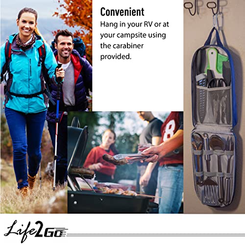 Camp Cooking Utensil Set & Outdoor Kitchen Gear-10 Piece Cookware Kit, Portable Compact Carry Case -for Camping, Hiking, RV, Travel, BBQ, Grilling-Stainless Steel Accessories- Fork, Spoon, Knife, etc
