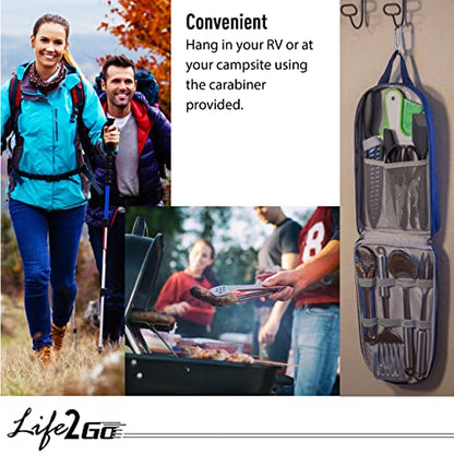 Camp Cooking Utensil Set & Outdoor Kitchen Gear-10 Piece Cookware Kit, Portable Compact Carry Case -for Camping, Hiking, RV, Travel, BBQ, Grilling-Stainless Steel Accessories- Fork, Spoon, Knife, etc