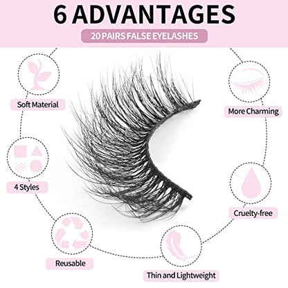 Eyelashes, MAGEFY 20 Pairs 4 Styles Lashes Faux Mink Lashes Pack Fluffy False Eyelashes 3D Fake Eyelashes