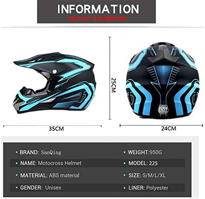 Motocross Helmet,Adult &Youth Trend Full Face Helmet,ATV Motorcycle Helmet,Dirt Bike Downhill Off-Road Mountain Bike Helmet,DOT Certified,4-Piece Set (Blue, M)