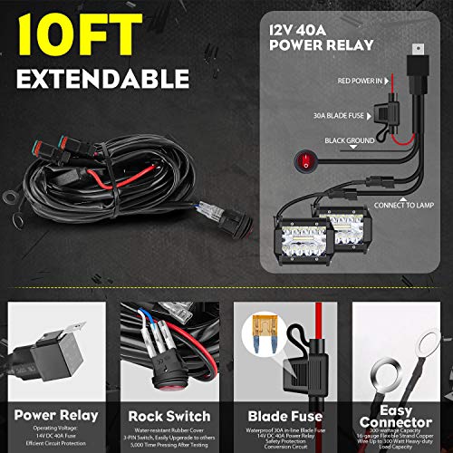 SUZCO 4INCH 60W 3-Row Offroad Led Work Light Bar Driving Wiring Harness Switch KIT/COMBO, Spot/Flood/Combo Lightbar Waterproof 12V 24V with Mounting Bracket Tube Clamp 1"/1.5"/1.75"/2" For 4x4 ATV UTV