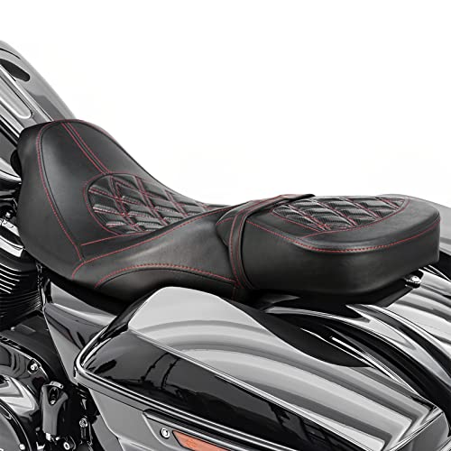 Low-Profile Seats Rider Passenger Pillion Leather Seat for Harley 2009-2022 Touring Road King Ultra CVO Limited Street Glide Road Glide models [Two Peice Driver & Passenger Seat, Red Stitching]